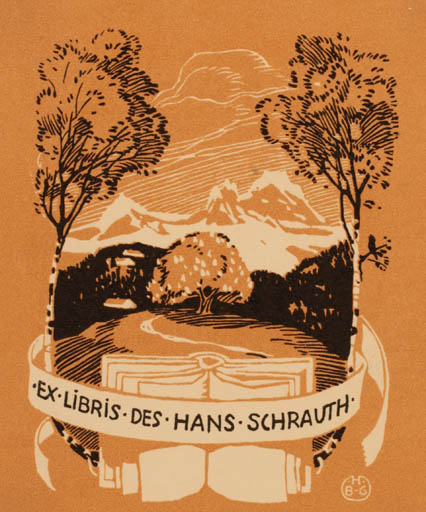 Exlibris by Hermann Bek-Gran from Germany for Hans Schrauth - Book Scenery/Landscape 