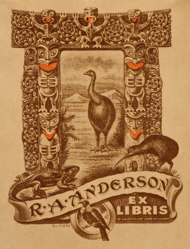 Exlibris by ? G.L.H. from New Zealand for R. A. Anderson - Fauna 