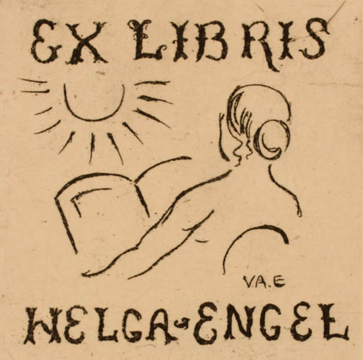 Exlibris by ? Va.E from Unknown for Helga Engel - Book Woman Sun 
