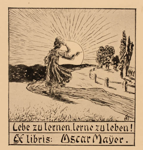 Exlibris by Heinrich Hönich from Germany for Oscar Mayer - Woman Scenery/Landscape Sun 