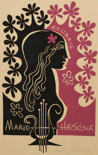 Exlibris by Ladislav Rusek from Czech Republic for Marie Hackova - Flora Woman Music Portrait 