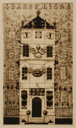 Exlibris by Piotr Gojowy from Poland for ? Gedansk Lions - Architecture Surrealism 