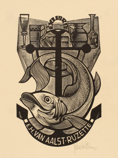 Exlibris by Jan Battermann from Netherland for E. H. van Aalst-Ruzette - Fish Maritime Wine 