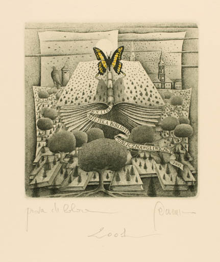 Exlibris by Pietro Paolo Tarasco from Italy for Publiczna Miejska Gliwice Biblioteka - Book Scenery/Landscape Butterfly 