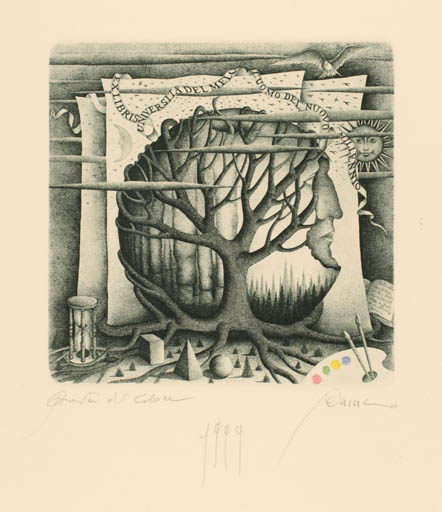 Exlibris by Pietro Paolo Tarasco from Italy for ? Universita Del Melo Luomo Del Nuovo Millenno - Surrealism Tree 