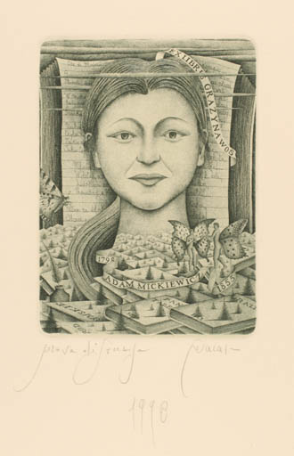 Exlibris by Pietro Paolo Tarasco from Italy for Grazyna Wos - Book Woman Portrait Butterfly 