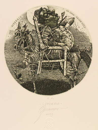 Exlibris by Oleg Denysenko from Ukraine for Frank Götz - Horse Man Knight Surrealism 