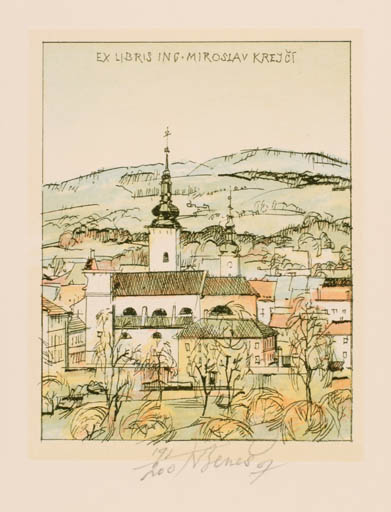 Exlibris by Karel Benes from Czech Republic for Miroslav Ing. Krejci - City Church Scenery/Landscape 