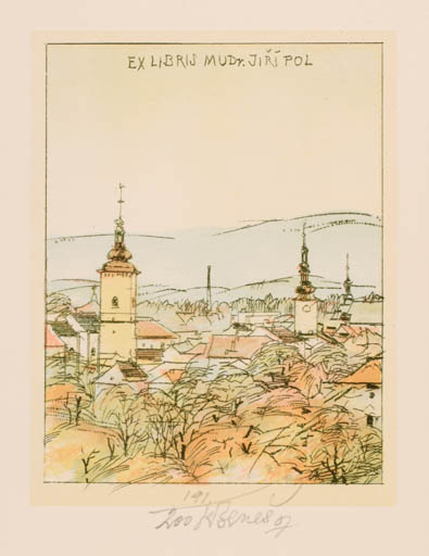 Exlibris by Karel Benes from Czech Republic for Jiri MUDr. Pol - City Church Scenery/Landscape 