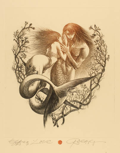 Exlibris by Robert Evgeny Baramov from Bulgaria for ? ? - Erotica Flora Mermaid Couple 