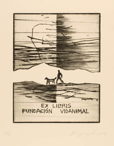 Exlibris by Yun-Jung Seo from Italy for Fundacion Vidanimal - Abstract Dog Scenery/Landscape Man 