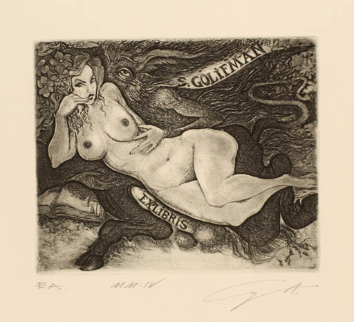 Exlibris by Alexandr Grigoriev from Belorussia for Serge Golifman - Europa and the Bull Woman Nude 