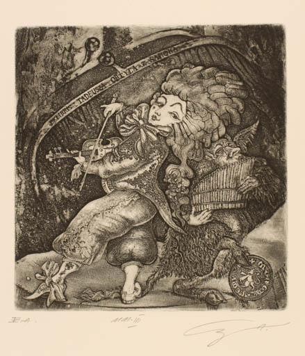 Exlibris by Alexandr Grigoriev from Belorussia for Tadeusxa Obtyla Sanoka - Fable Animal Woman Music 