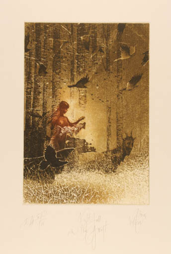 Exlibris by Peter Velikov from Bulgaria for Gil Beumont - Fauna Woman Forest Surrealism 