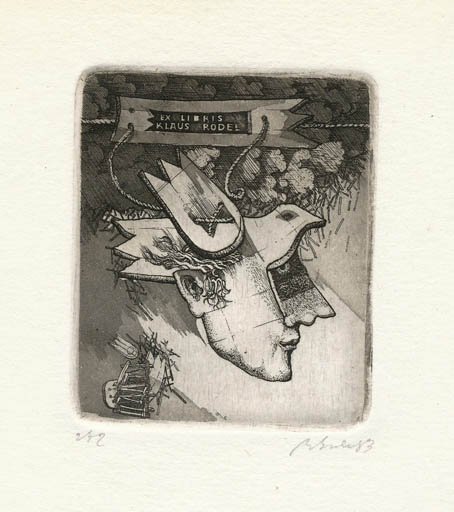 Exlibris by Augustinas Virgilijus Burba from Lithuania for Klaus Rödel - Bird Portrait Surrealism 