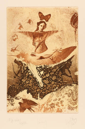 Exlibris by Peter Velikov from Bulgaria for Gordon P. Smith - Fauna Cosmos Woman Surrealism 