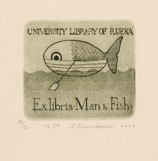 Exlibris by Lev Bilykivski from Ukraine for ? Library of Rijeka - Fish Maritime Ship/Boat 