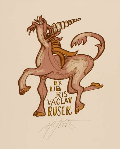 Exlibris by Vlastimil Sobota from Czech Republic for Vaclav Rusek - Unicorn 