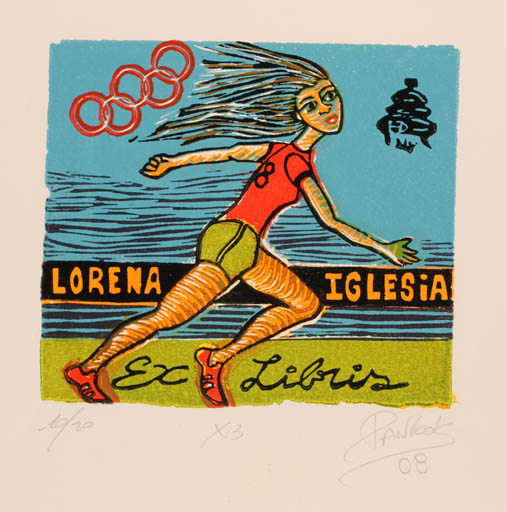 Exlibris by Marcela Pankok from Argentina for Lorena Iglesia - Woman Sport/game 