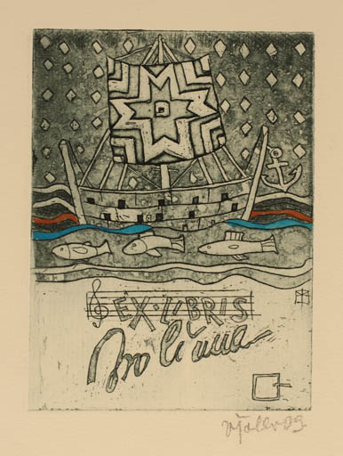 Exlibris by Vive Tolli from Estonia for ? ? - Fish Maritime Music Ship/Boat 