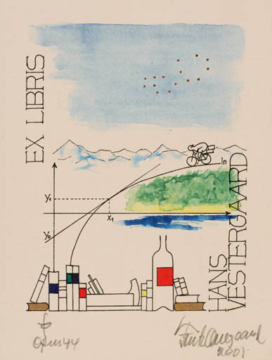 Exlibris by Fritz Overgaard from Denmark for Hans Vestergaard - Book Scenery/Landscape Science Wine 