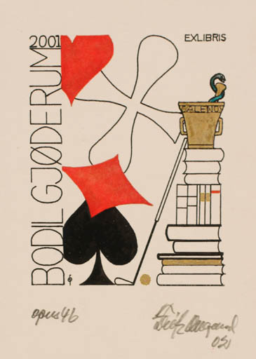 Exlibris by Fritz Overgaard from Denmark for Bodil Gjøderum - Book Pharmacy Sport/game 