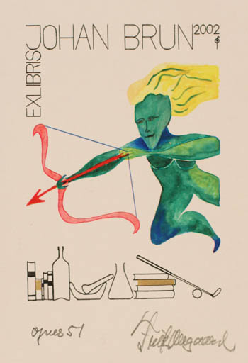 Exlibris by Fritz Overgaard from Denmark for Johan Brun - Book Fable Animal Pharmacy Sport/game 