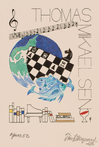 Exlibris by Fritz Overgaard from Denmark for Thomas Mikaelsen - Book Globe Music Sport/game 