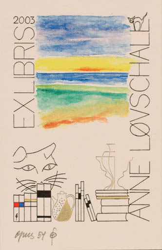 Exlibris by Fritz Overgaard from Denmark for Anne Løvschall - Book Cat Scenery/Landscape 