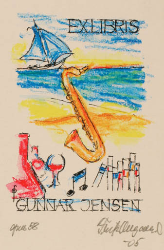 Exlibris by Fritz Overgaard from Denmark for Gunnar S. Jensen - Book Music Ship/Boat Science Wine 