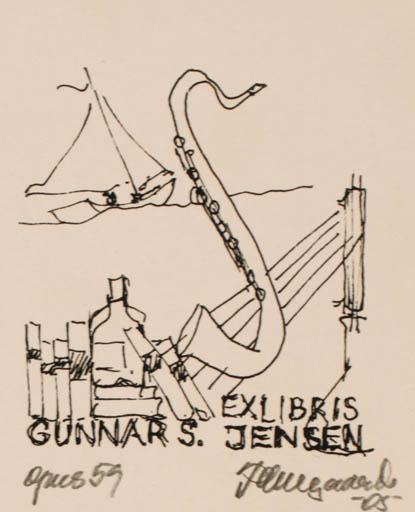 Exlibris by Fritz Overgaard from Denmark for Gunnar S. Jensen - Book Music Ship/Boat Science 