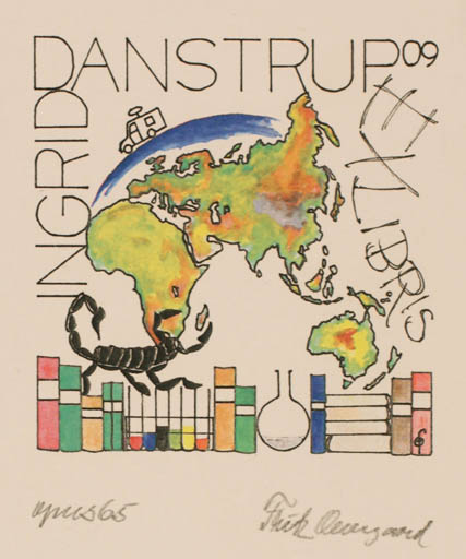 Exlibris by Fritz Overgaard from Denmark for Ingrid Danstrup - Car Book Globe 