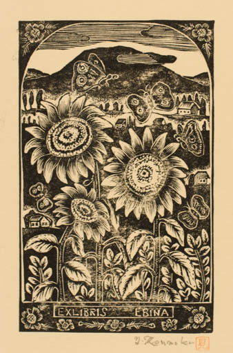 Exlibris by Yaichi Kemmoku from Japan for ? Ebina - Mountain Flower Flora Insect Scenery/Landscape Butterfly 