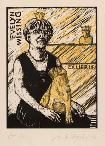 Exlibris by Annette Fritzsch from Germany for Evelyn Wissing - Dog Woman 