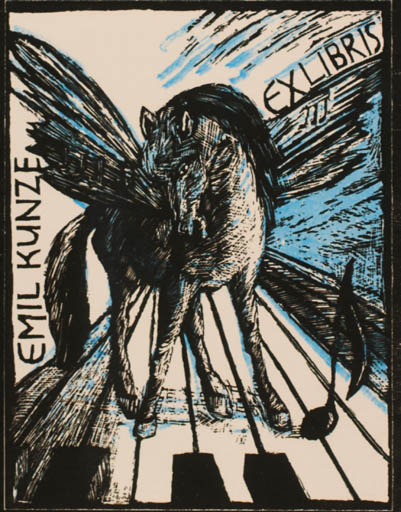 Exlibris by Annette Fritzsch from Germany for Dr. Emil Kunze - Horse Music Pegasus 