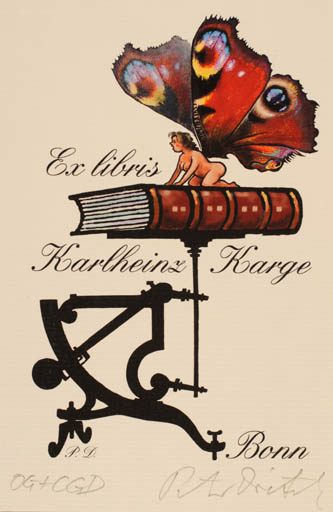 Exlibris by Peter Dietzsch from Germany for Karlheinz Karge - Book Woman Butterfly Science 