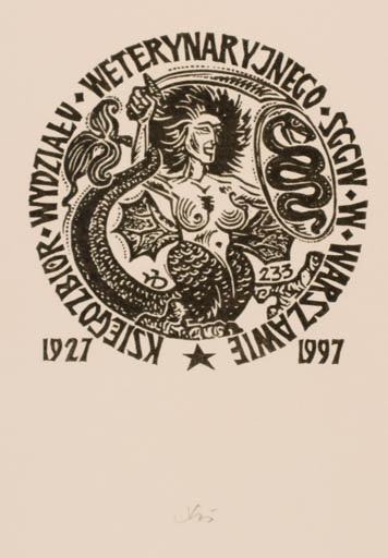 Exlibris by Bohdan Rutkowiak from Poland for Ksiegozbior Wydzialv - Fable Animal Mermaid 