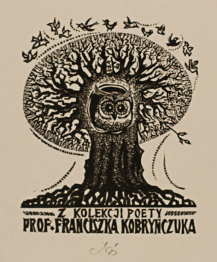 Exlibris by Bohdan Rutkowiak from Poland for Franciszka Kobeynczvka - Tree Owl 