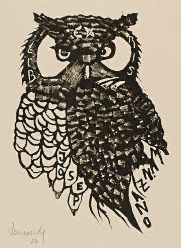 Exlibris by Marcela Miranda from Argentina for Josep Manzano - Owl 