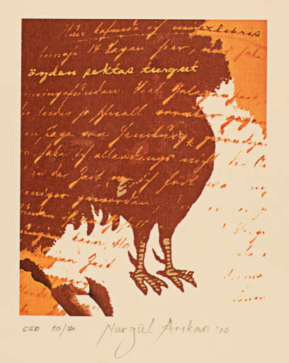 Exlibris by Nurgül Arikan from Turkey for Özden Pektas Turgut - Bird Text/Writing 