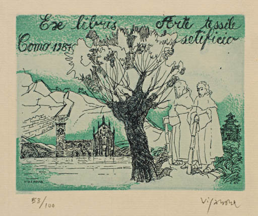 Exlibris by Antonietta Vigannone from Italy for Arte tessile Setificio - Church Religion Tree 