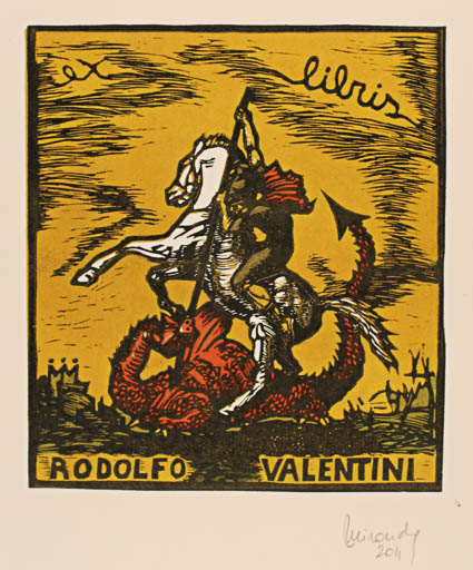 Exlibris by Marcela Miranda from Argentina for Rodolfo Valentini - Knight Sct.G. and the Dragon 