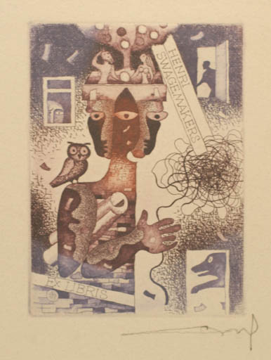 Exlibris by Alfonsas Cepaukas from Lithuania for Henri Swagemakers - Adam and Eve Man Surrealism Owl 