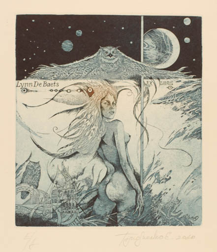 Exlibris by Eugenia Thimoshenko from Belorussia for Lynn De Bates - Cosmos Woman Nude Owl 