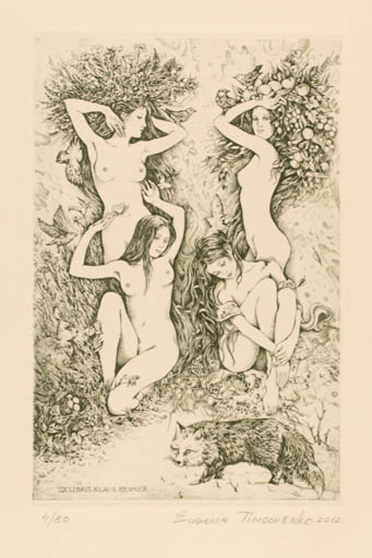 Exlibris by Eugenia Thimoshenko from Belorussia for Klaus Renner - Group Woman Nude 