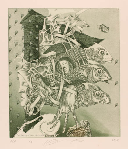 Exlibris by Jurij Jakovenko from Belorussia for Yadviga Yanchevskaja - Fish Hand(s) Surrealism 