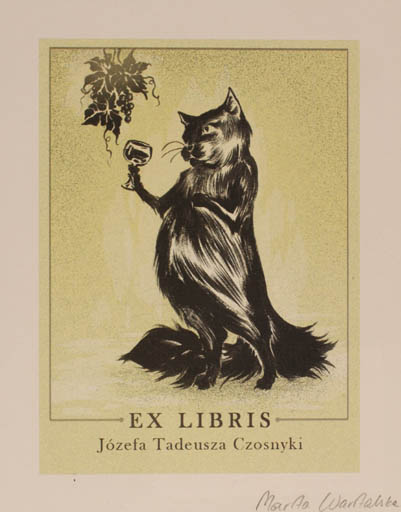 Exlibris by Marta Wartalska from Poland for Josef Tadeusz Czosnyka - Cat Wine 