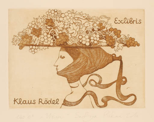 Exlibris by Sofiya Piskun Zolo from Belorussia for Klaus Rödel - Woman Wine 