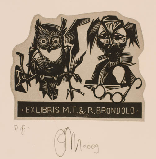 Exlibris by Ruslan Agirba from Russia for M.T. & R. Brondolo - Dog Owl 