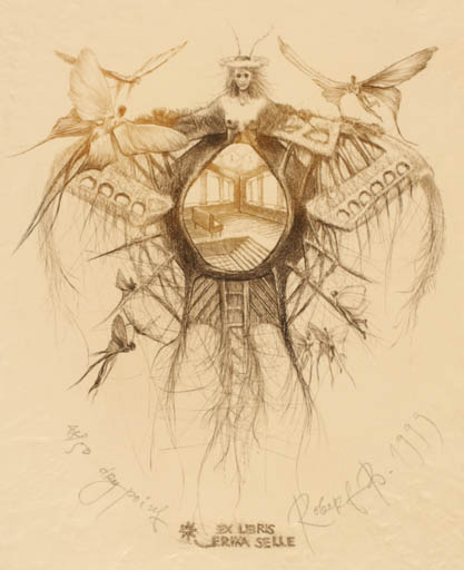 Exlibris by Robert Evgeny Baramov from Bulgaria for Erika Selle - Insect Woman Butterfly Surrealism 